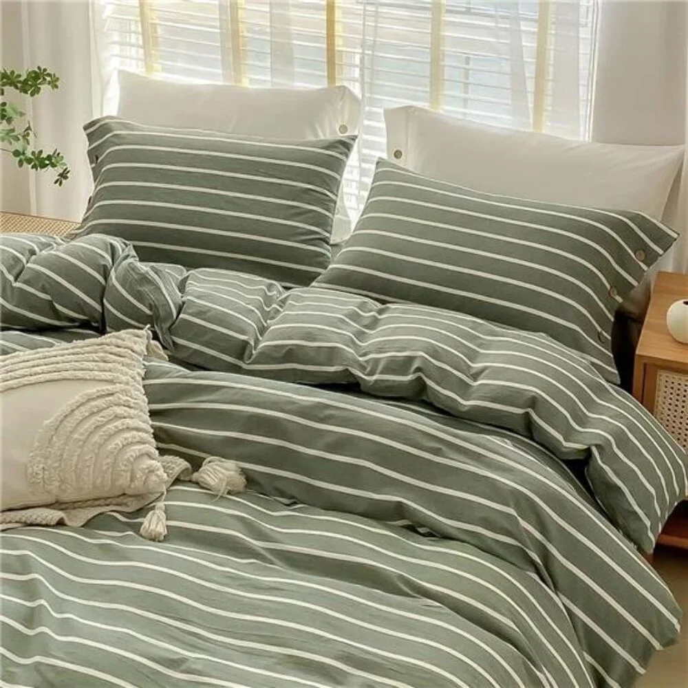 NEW West Elm Boho Green Stripe Queen / King Cotton Linen Bedding Duvet Sham Set